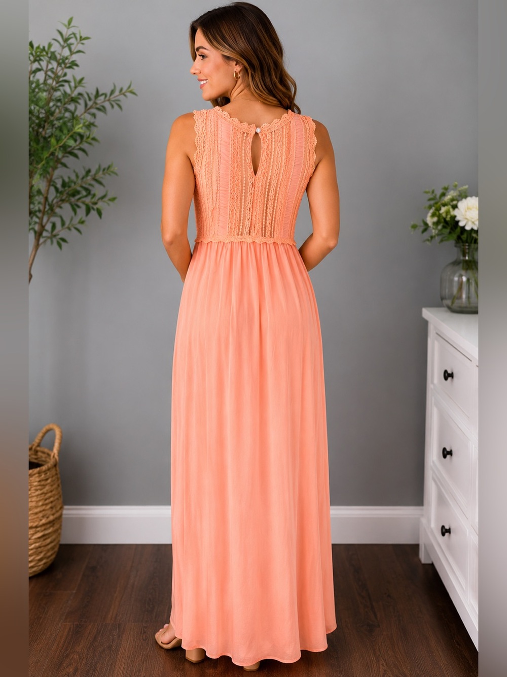 POL Sleeveless Lace Bodice Maxi Dress Coral Orange Sizes S, M , L - Picture 4 of 11